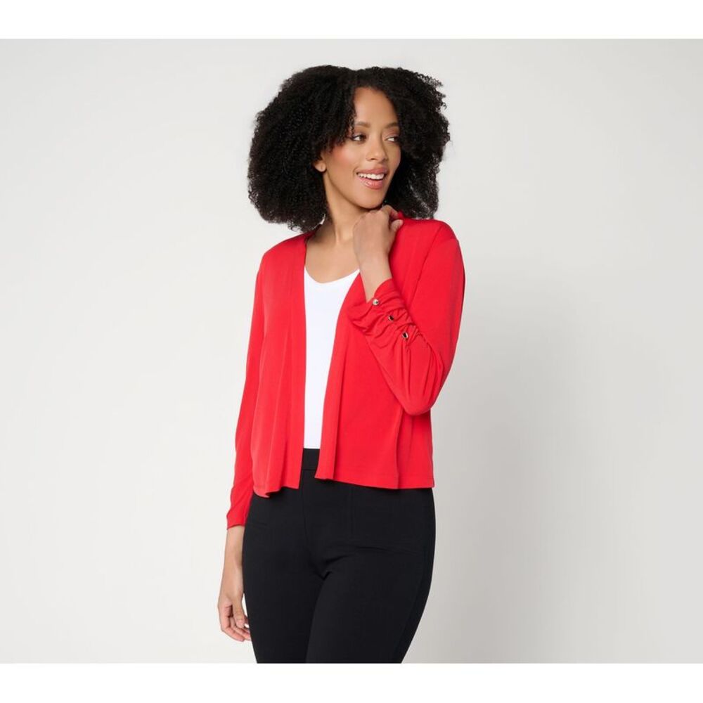Susan Graver Women's Top Sweater Sz M Liquid Knit Shrug Shirring & Red